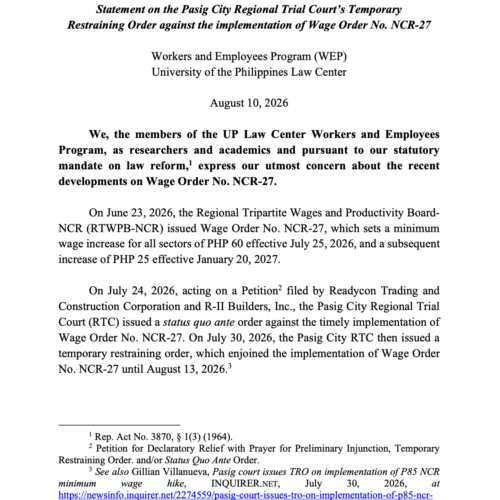 UP Workers and Employees Program issues statement on TRO against implementation of Wage Order No. NCR-2